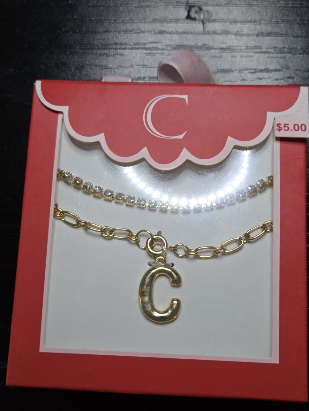 BUNDLE-2 Gold Initial C Charm Bracelet/Anklet & Rhinestone Chain Bracelet/Anklet